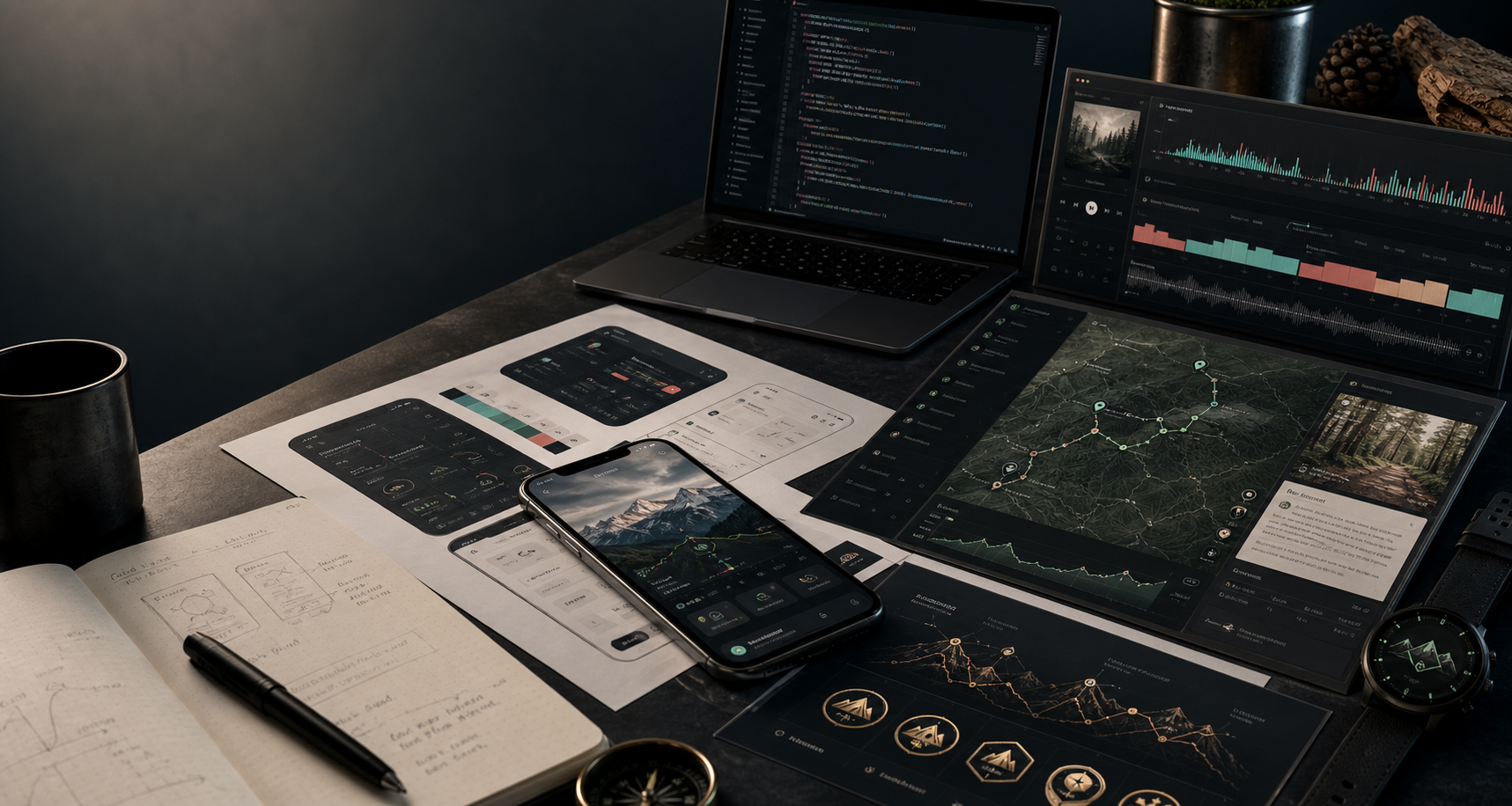 A founder workbench with product screens, code, maps, and design notes.